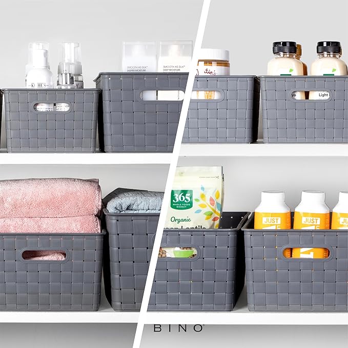 BINO | Plastic Storage Baskets Large - Grey | THE STABLE COLLECTION | Multi-Use Storage | Rectangular Cabinet Organizer | Baskets For Organizing with Handles | Home Office Organization and Storage