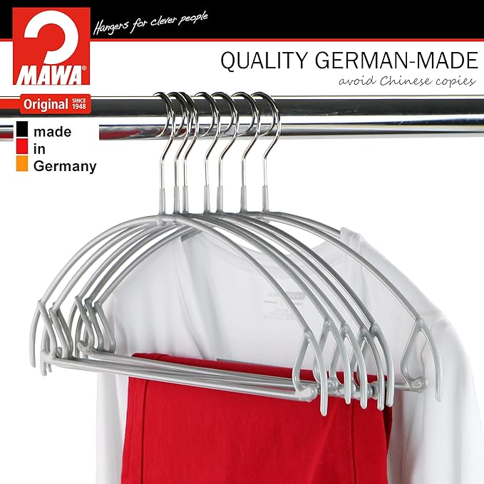 Mawa by Reston Lloyd Euro Ultra Light/Thin Series, Non-Slip Space Saving Clothes Hanger with Bar & Hook for Pants and Skirts, Style 42/PTU, Set of 10, Silver