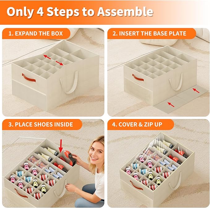 Aokeyee 2 Pack Shoe Organizer for Closet, Large Shoe Storage Box Fits up to 48 Pairs, Space Saving Foldable Shoes Organizer Bin w/Clear Cover and 4 Reinforced Handles, Beige