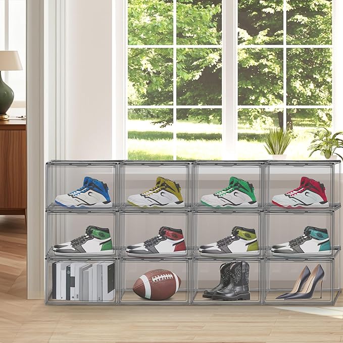 4 Pack Pure Organizer for Closet, Acrylic Shoe Box Size 14, Clear Display Case Handbag Organizer Shoe Box with Lid