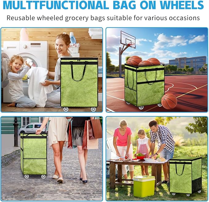 Boczif Large Laundry Basket Hamper Bag, Reusable Grocery Bag Collapsible Cart with Wheels and Handle, Rolling Tote Shopping Bags Storage Organizer for Clothes & Groceries, Trip, Sports, Picnic (Green)