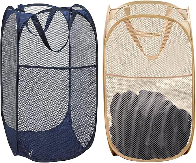 2 Pack Collapsible Pop Up Laundry Hamper, Large Capacity Mesh Laundry Basket Space Saving for Apartments, Student Dorms, Apartment (Beige+Blue)