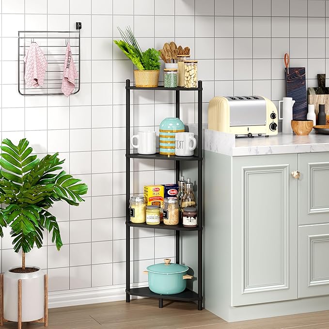 Corner Shelf Stand - 3 Tier Bamboo Small Corner Bookshelf for Office Kitchen Bedroom Plant Stand Living Room Decor Small Space (Black, 4 Tier)