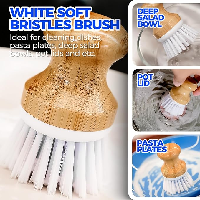 Holikme Bamboo Palm Brush Dish Brushes Vegetable Scrubber Round Natural Scrub Brush Cleaning Kit for Cleaning Saucepans, Pots, Pans and Vegetables, White Yellow Black