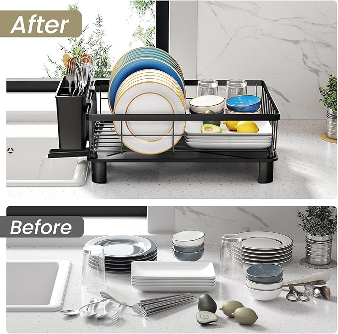 SNTD Dish Drying Rack - Small Dish Rack for Kitchen Counter, Stainless Steel Dish Drainer with Utensil Holder and Drainboard, 11" W x 15" L (Black)
