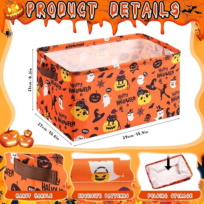Boao 3 Pack Halloween Ghost Basket with Handles Collapsible Large Canvas Storage Baskets Boo Spooky Skull Pumpkin Cat Foldable Storage Bins Organizer Bins for Trick or Treat Gifts Bedroom Home Office