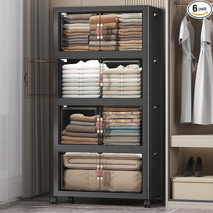Extra Large Stackable Storage Bins with Lids & Wheels & Door,Foldable Collapsible Closet Organizers, Plastic containers drawers for bedroom Dorm (Dark-120qt, 4Pack with 1 top lid)