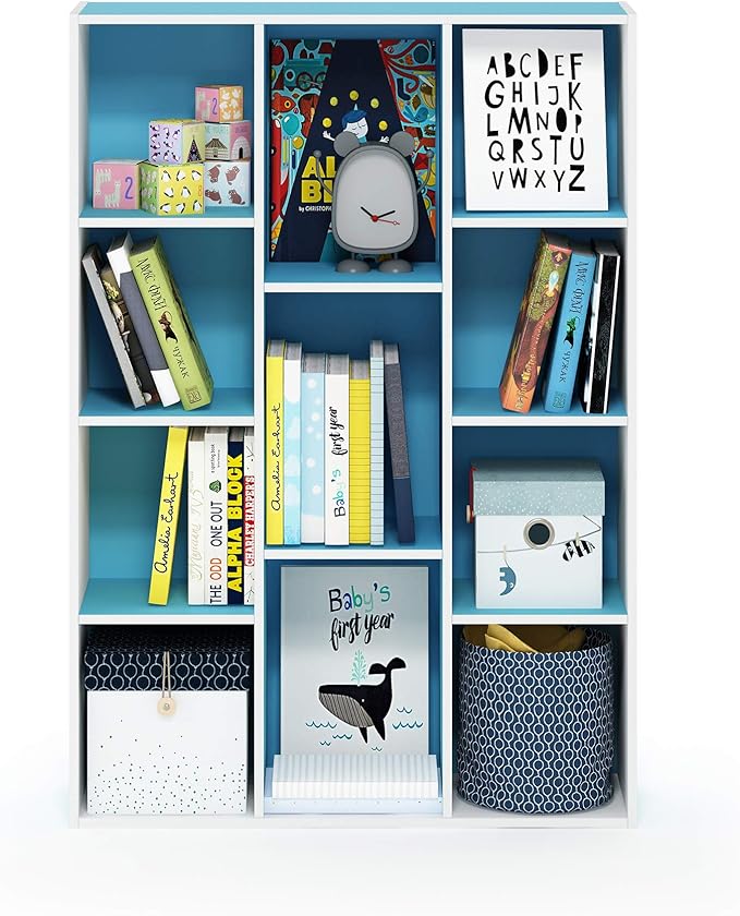 Furinno LUDER Book Shelf, 11-Cube Bookshelf, Reversible Bookcase, 9.4 x 29.1 x 41.7, for Living Room, Bedroom, Home Office, White/Light Blue