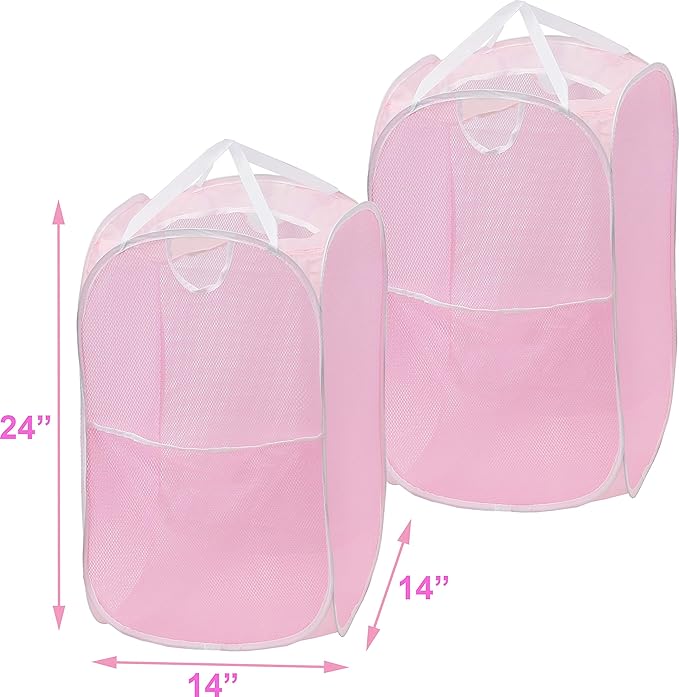 Simple Houseware Mesh Pop-Up Laundry Hamper Basket With Side Pocket, Pink - 2 Pack