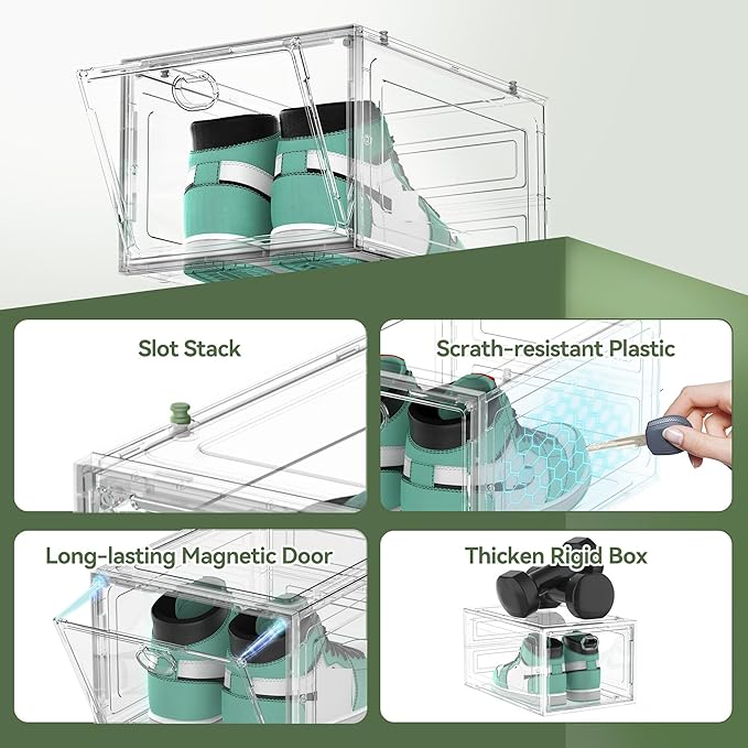 ALCCB Thicken Hard Clear Shoe Storage Organizer for Closet, 12 Pack Modular Plastic Stackable Shoe Storage Box Organizer, Shoe Sneaker Rack Display Case Containers Bins with Lids, White