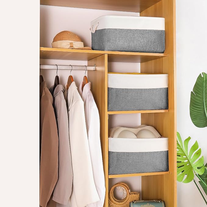 Storage Bins with Sturdy Cotton Handles(1 Pack), Fabric Storage Baskets for Organizing use for Office & Home, Book, Clothes, Toys, Closet Boxes (Small, Grey-White, 12.2x8.3x6.3 inches)