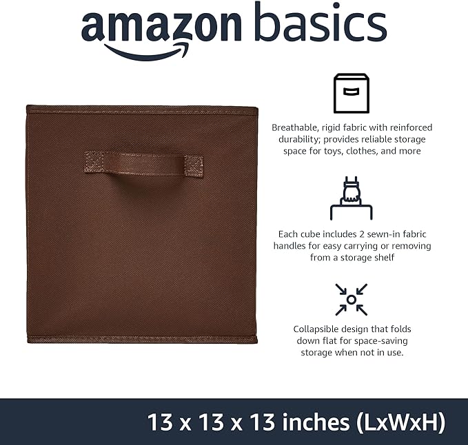 Amazon Basics Cube Organizer Storage Bins Handles, Collapsible Fabric, Pack of 6, 13"x13"x13", Brown