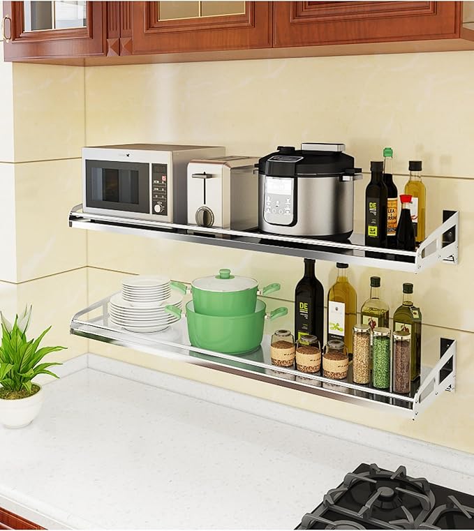 Floating Shelf 304 Stainless Steel Metal Heavy Duty Household Spice Rack Microwave Mounted Storage Rack for Kitchen Bedroom Bathroom (Length100CM*Wide35CM)