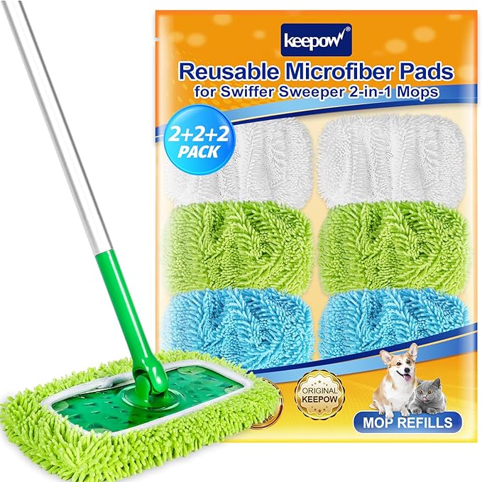 KEEPOW Reusable Microfiber Mop Pads Compatible with Swiffer Sweeper, Dry Sweeping Cloths, Washable Wet Mopping Cloth Refills for Hardwood Floor Cleaning, 6 Pack