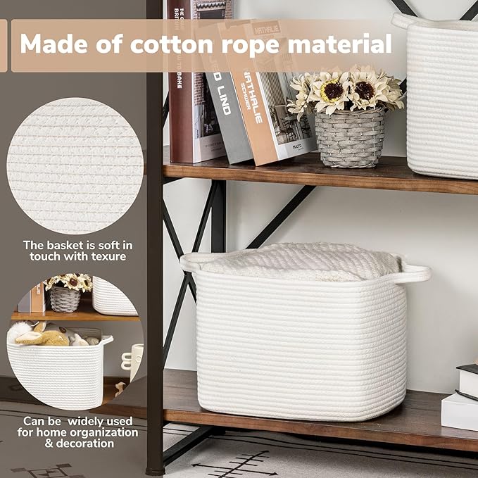 Goodpick White Woven Rope Basket with Handles, Medium Rectangle Basket for Books, Toys, Towels, Square Decorative Baskets for Living Room, Nursery, Shelf Baskets for Bedroom, 13" x 10" x 9"