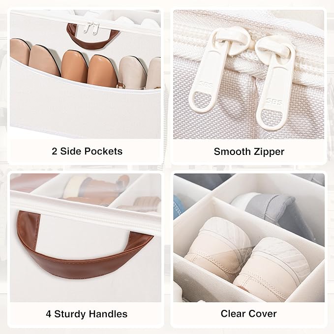 STO STO Shoe Organizer for Closet, Fits Up to 16 Pairs, XL Shoe Box Containers with Adjustable Dividers, Clear Cover Shoe Storage Bins, Stackable Space Saving Shoes Holder for Shoes and Boots, Beige