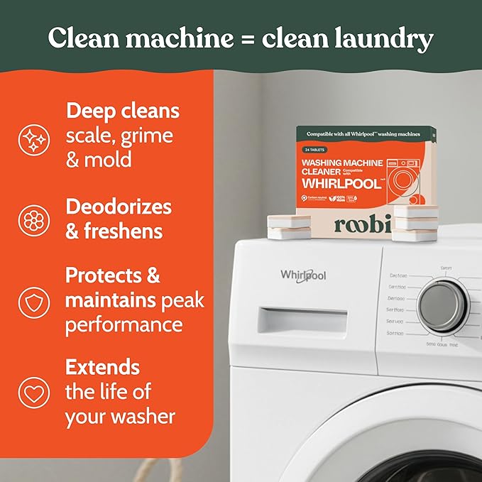 Roobi Washing Machine Cleaner Tablets. Compatible with Whirlpool and All Washing Machine Brands and Models. Septic Safe Deep Clean Formula. Carbon-Neutral 24-Pack Cleaning Tablets.
