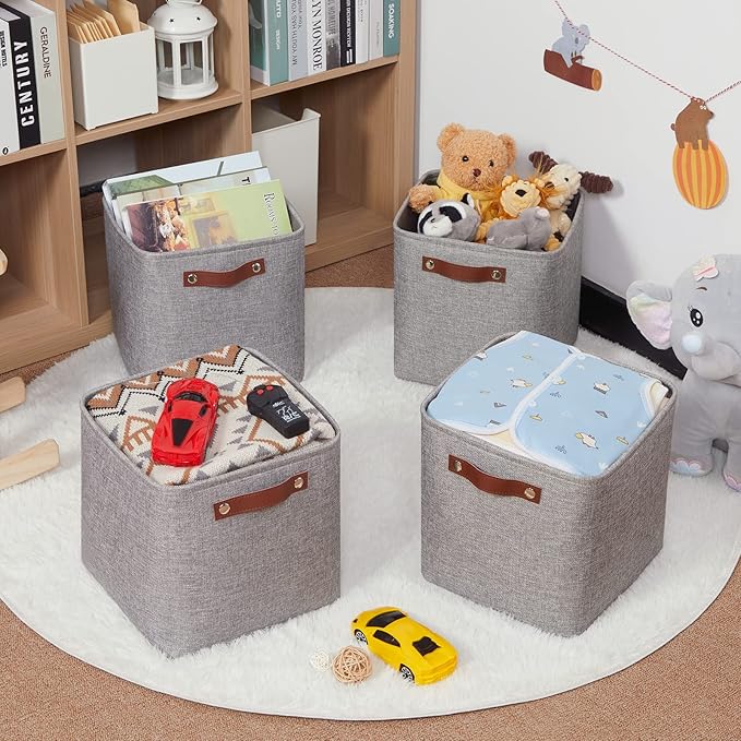 HNZIGE Collapsible Storage Basket,(4Pack) Cube Storage Baskets for Organizing Shelves,Fabric Baskets for Storage,11x11 Storage Basket for Dog Toys,Closet,Book,Clothes Storage with Handles(Grey)