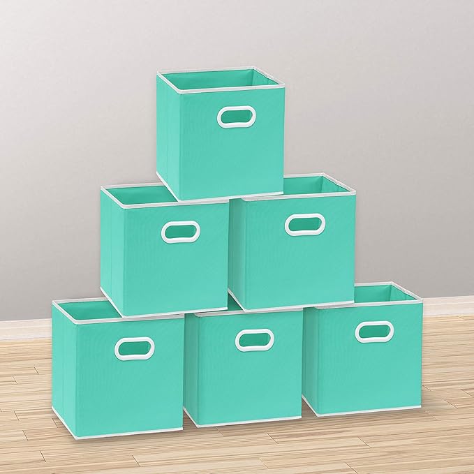 Simple Houseware Foldable Cube Storage Bins with Handles, 11-Inch, Turquoise, 6-Pack, Fabric Cubes Organizer for Closet or Shelves