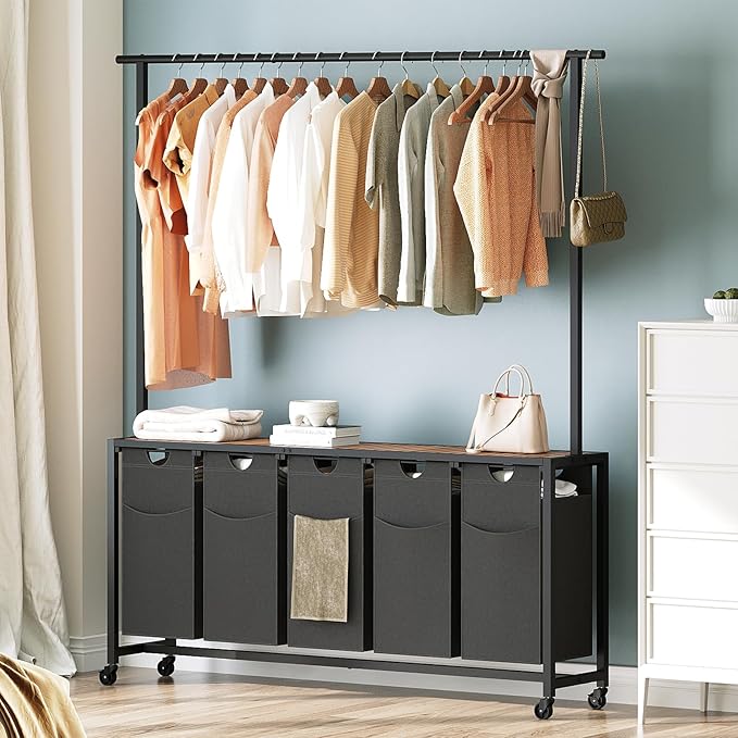 Laundry Hamper, Laundry Sorter 5 Section, Rolling Laundry Basket, Laundry Sorter with Hanging Bar, Hampers for Laundry, Laundry Basket Organizer for Laundry Room, Rustic Brown LS57BR