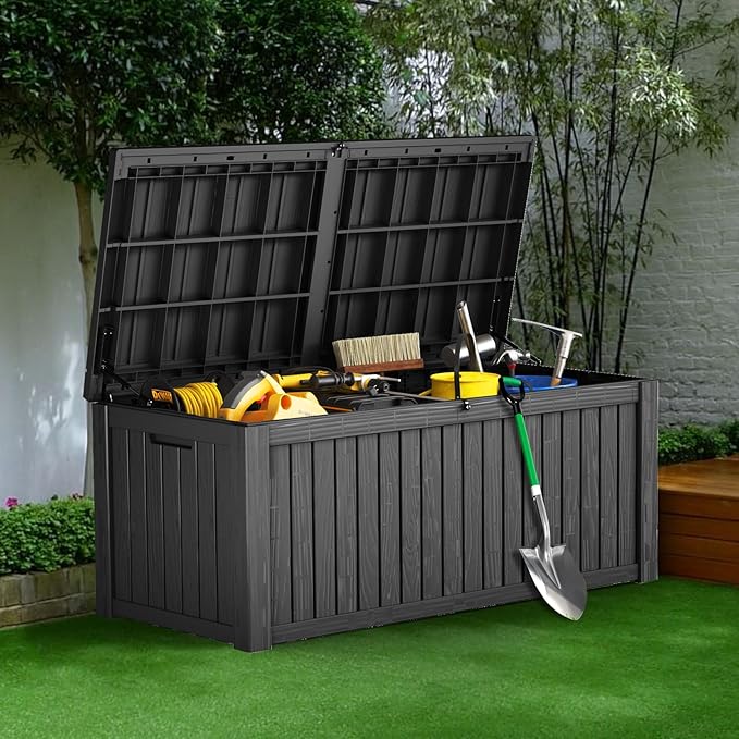 180 Gallon Lockable Resin Outdoor Storage Box, Waterproof & Weather Resistant Deck Box for Patio Cushion, Garden Tools & Pool Accessories, Black