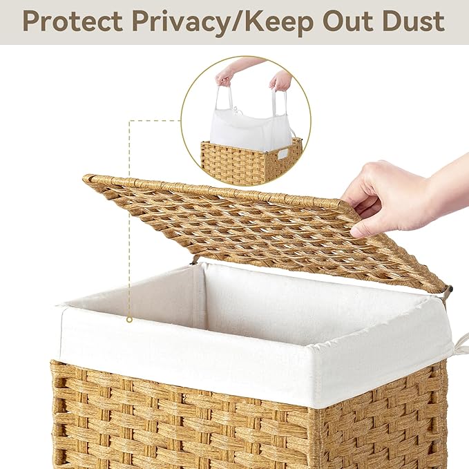 Chrislley 90L Slim Laundry Hamper with Wheels, Rolling Laundry Basket with Lid and Renovable Liner Bag, Handwoven Rattan Organizer for bedroom, bathroom, laundry room (Yellow)