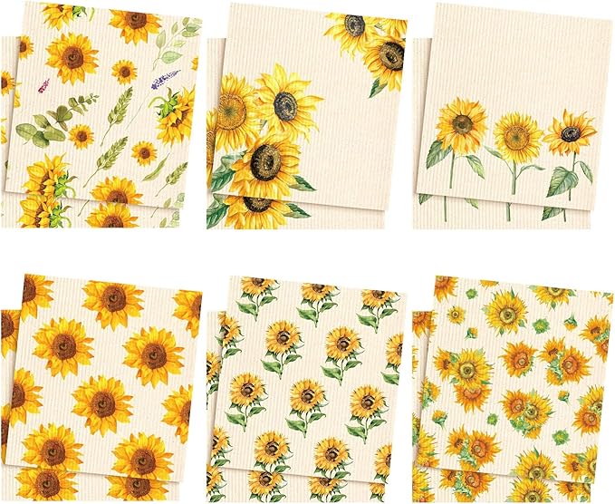 Sunnyray 12 Pcs Swedish Kitchen Dish Towels Dishcloth Reusable Sponge Cleaning Cloth Kitchen Towels Absorbent Washable Dish Cloth Drying Hand Towel(Yellow,Sunflower)
