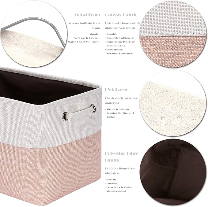 Sea Team 3-Pack Large Storage Basket Set, Trunk Organizer, Clothes Toys Bin, 15 x 10 x 10 Inches, Big Rectangular Canvas Fabric Collapsible Shelf Box with Handles for Kids Room (Pale Blush/White)