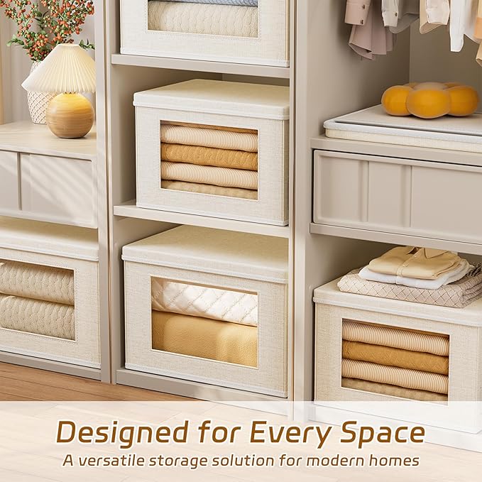 4-Pack Fabric Foldable Storage Bins Closet Storage Box with Window Decorative Storage Bins with Lids for Clothes, Closet, Living Room, Beige, 17“ x 11.8” x 11.8"