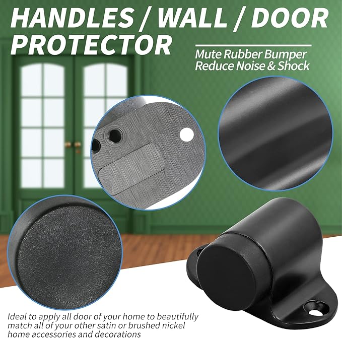 5pcs Floor Mount Door Stopper, Heavy Duty Door Stop Flat Black Doorstop with Rubber Bumper & Stainless Steel Screws, 1.06 Inch Height
