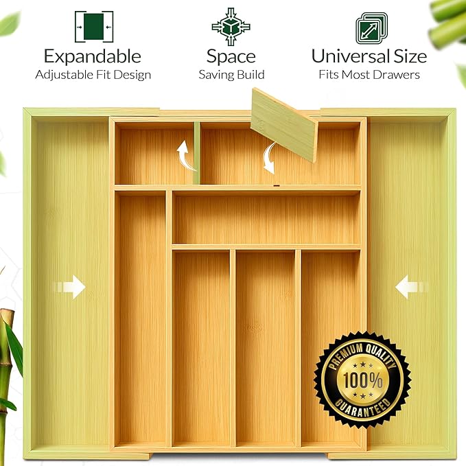 DAVIDOK Expandable Bamboo Drawer Organizer for Kitchen - 8 to 10 Slots Large Silverware Organizer for Utensils, Cutlery, Flatware & Kitchen Gadgets | Multiple Use, Non-Slip Feet Included