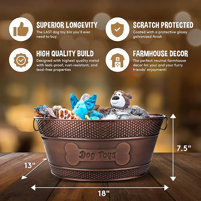 BREKX Indestructible Metal Dog Toy Bin - Copper Galvanized Storage Bin with Handles, Pet Storage Organizer - Ropes, Blankets, & Leashes, Bone Design Pet Toy Box (15-Quart)