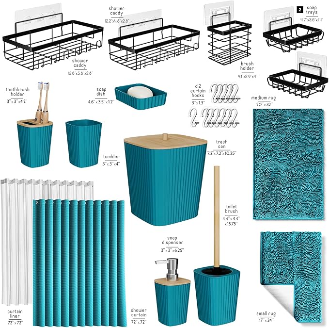 Clara Clark Bathroom Accessories Set - 27PC Bathroom Set with Adhesive Corner Shower Caddy Hanging, Bathroom Sets with Shower Curtain and Rugs, Teal Shower Curtain Set with Bathroom Trash Can