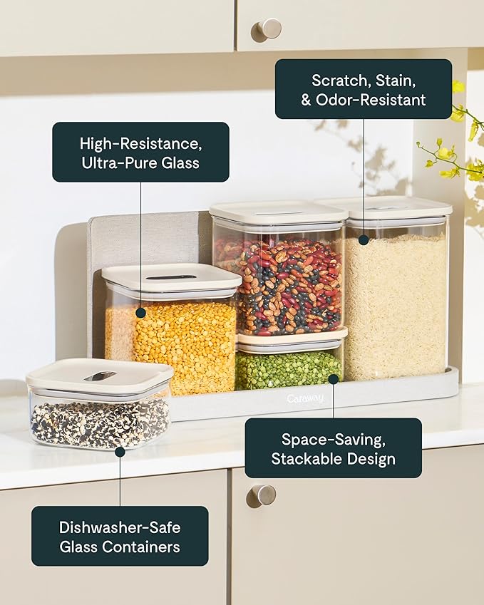 Caraway 1qt Glass Airtight Food Storage Container with Lid – Non-Toxic, BPA-Free Kitchen Storage Container – Stackable, Space-Saving Airtight Container for Dry Goods and More - Cream