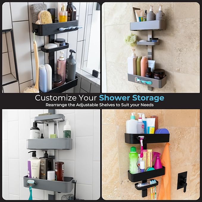 ShowerSMART Rust Resistant Hygienic Shower Caddy – Hanging Bathroom Organizer with Adjustable Shelves, Easy Clean Trays & Magnetic Hooks for DIY Remodels & Shower Niches - Graphite