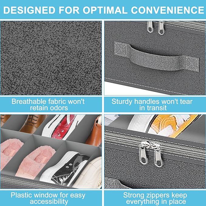 Under Bed Shoe Storage Organizer for Closet, Fits 32 Pairs Underbed Shoes Box Storage Containers Under the Bed Storage Foldable with Sturdy Handles&Clear Window for College Dorms Light Grey, Set of 2