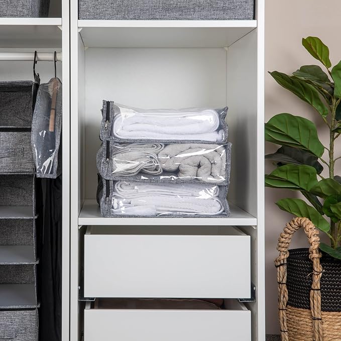 Household Essentials Under Bed Zippered Sweater Storage Bags with Clear Vision Panel, Set of 3, Silver,Gray