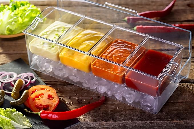 Pikanty | 4-Compartment Chill & Serve Condiment Caddy with Revolutionary Ice Base | Spacious, Hygienic, and Durable for All Events | Made in USA