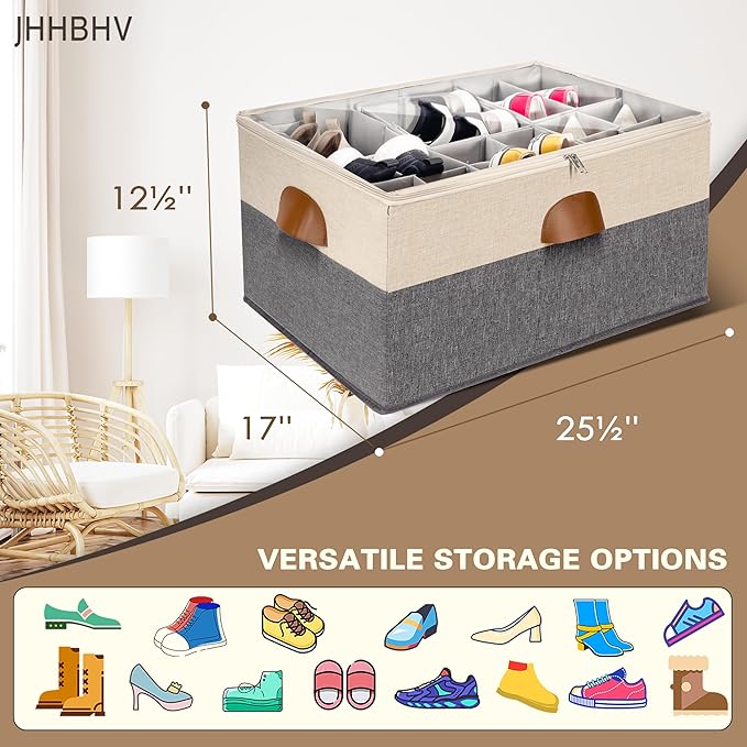 2 Pack Shoe Organizer for Closet, Adjustable Shoe Box Storage Containers, Large Foldable Shoe Bins with Clear Cover, Space Saving Shoes Holder with 4 Handles, Fits 24-48 Pairs, Beige