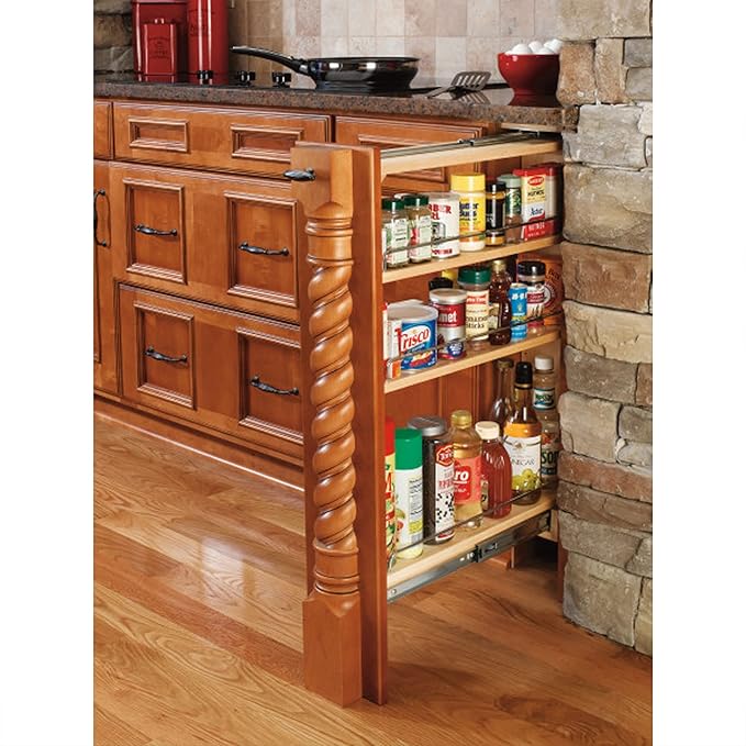 Rev-A-Shelf Pullout Shelf Organizer for Base Kitchen or Bathroom Cabinets, Wood Filler Pantry Storage or Spice Rack, Maple, 6" x 23" x 30", 432-BF-6C