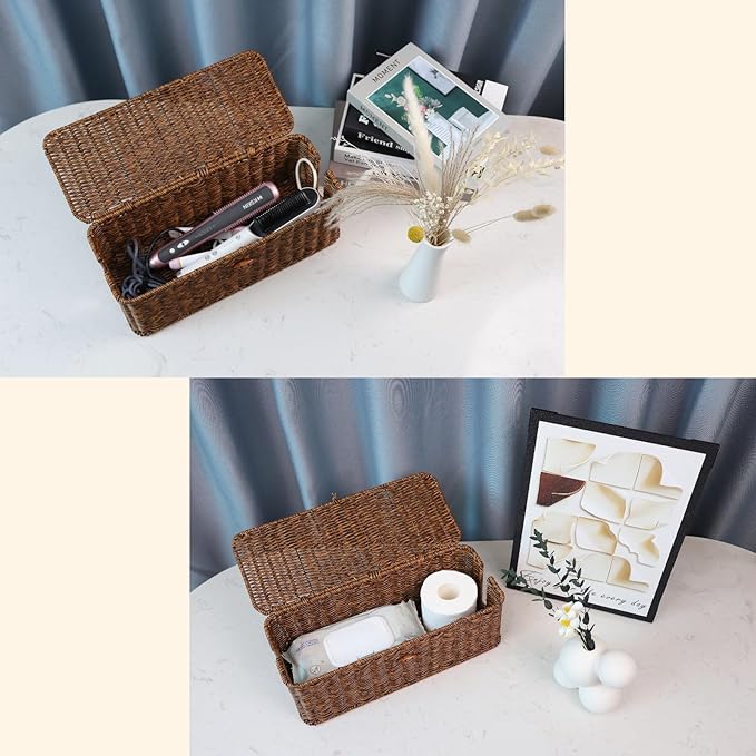 BROWNLILY Cable Management Box, Rattan Style Cord Organizer for Desk Cord Hider Outlet Covers Baby Proofing for Power Strip TV PC Router Charger Under Desk Storage with Lockable Lid and Cable Ties