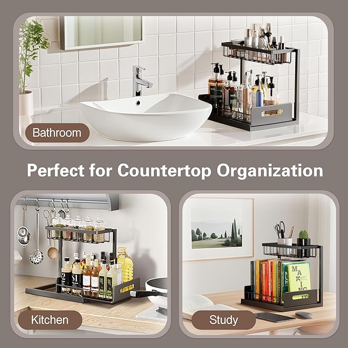 VUSIGN Under Kitchen Sink Organizer, 2 Tier Metal Slide out Sink Shelf Pull out Cabinet Organizer Drawers for Bathroom Kitchen Laundry, 2 Pack, Black
