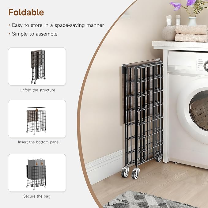 Laundry Basket with Wheels, Heavy Duty Laundry Sorter 2 Sections, Large Capacity 120L (32Gal.) Laundry Hamper with Wood Lid, 360 Rolling Wheels, Extra Side Pocket, Leather Pull Handle (Grey)