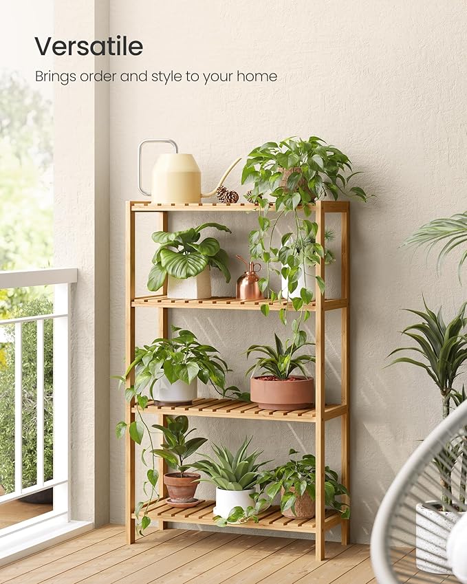 SONGMICS Bamboo Storage Shelf, 4-Tier Shelving Unit, Multifunctional, in The Entryway, Bathroom, Living Room, Balcony, Kitchen, 10.2 x 23.6 x 39.4 Inches, Light Bamboo UBCB034Y01