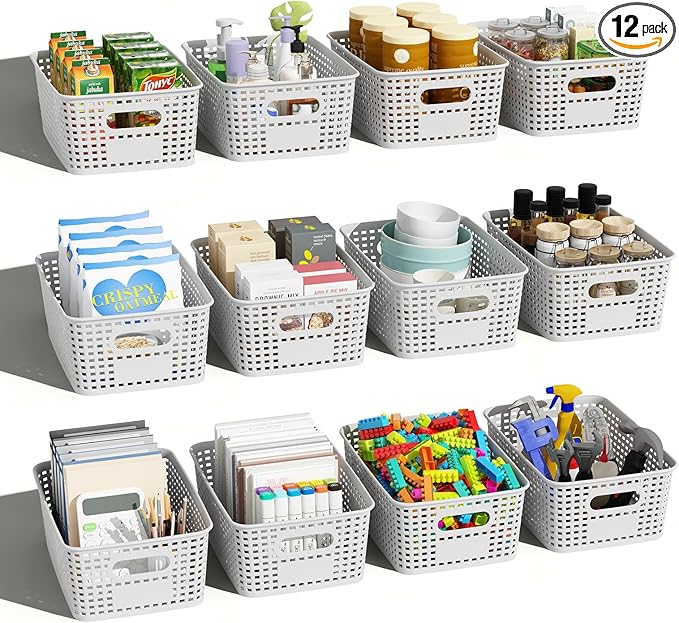 Plastic Storage Basket for Organizing 12 Pack Small Storage Bins Container for Shelves, White Shelf Baskets with Handles for Pantry Classroom Playroom Kitchen Cabinets Organization