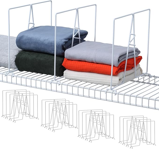 Wire Shelf Dividers - White Closet Organization & Storage Organizer - No Tool Shelf Divider for Wire Shelves - Metal Shelf Accessories – for 12“ Deep Wire Shelves – Tall 12” Height – 4 Pack