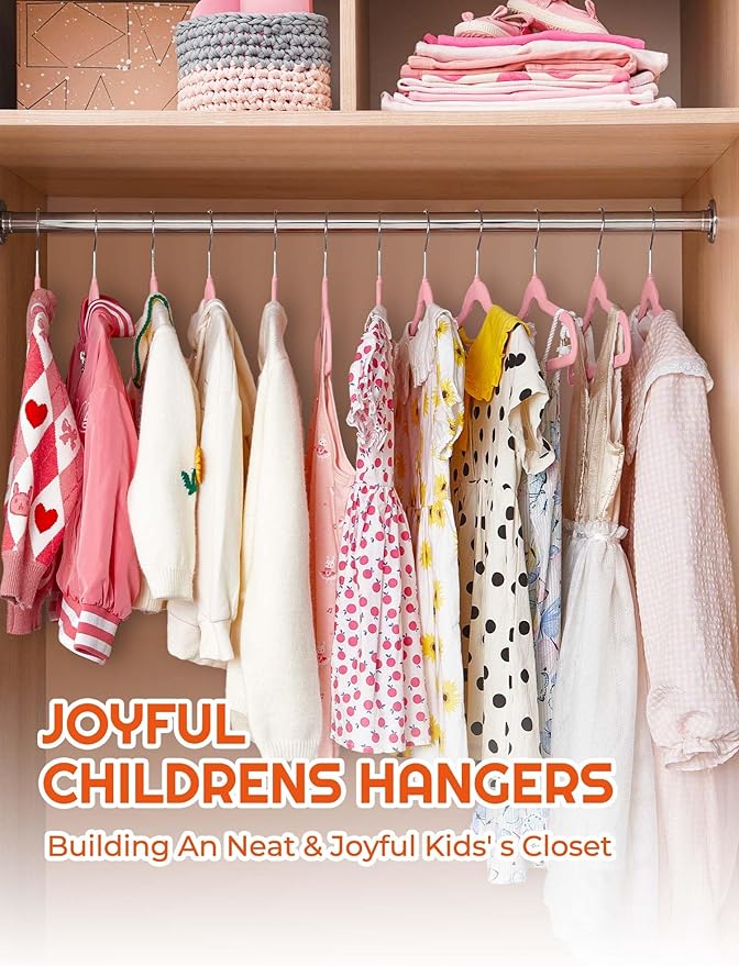 HOUSE DAY 14 Inch Kids Velvet Hangers 50 Pack, Durable Big Kids Hangers, Non Slip Kid Felt Hanger for Youth, Cute Childrens Hanger for Closet, Pink