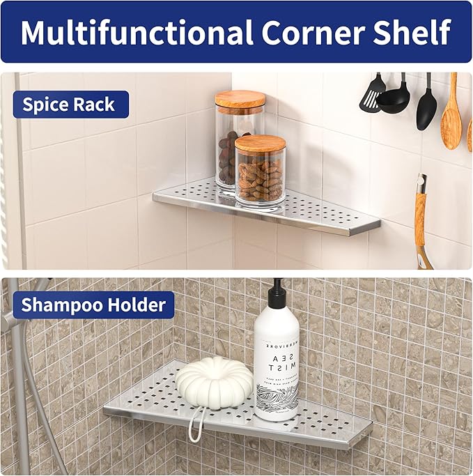 Bernkot Corner Shower Shelf 12" Polished 304 Stainless Steel Recessed Trapezoid Grout in Shelves with Grid Design Bathroom Shelf Racks for Tiled Wall, 2 Pack