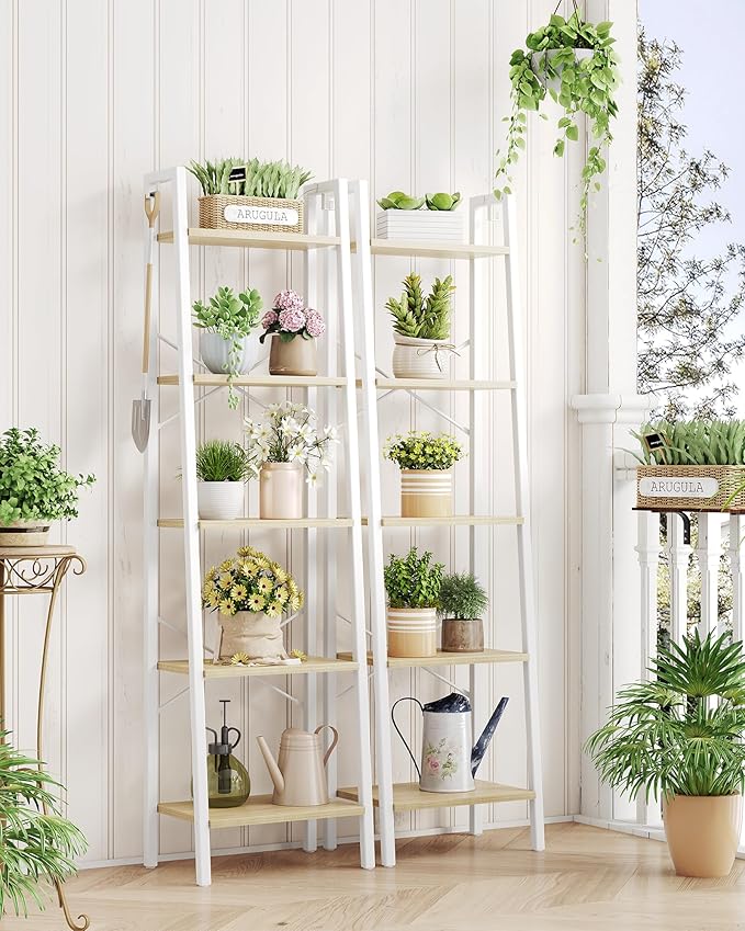Ladder Shelf, Bookshelf Bookcase, Freestanding Corner Storage Shelve with 2 Hooks for Home Office, Living Room, Kitchen, Bedroom, Industrial, 11.8" D x 17.3" W x 63" H, White Oak and White