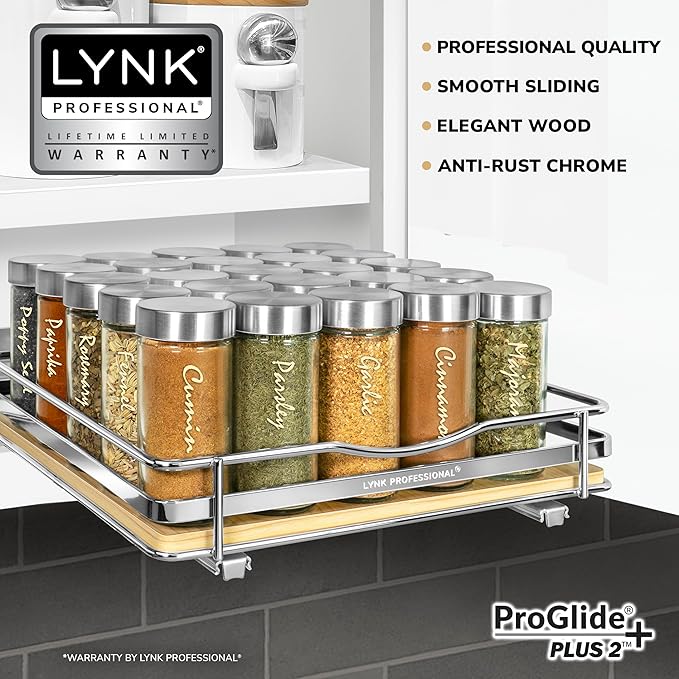 LYNK PROFESSIONAL® Élite™ Pull Out Spice Rack Organizer for Inside Kitchen Cabinets - 10-3/8 inch Wide - Slide Out Drawer – Wood/Chrome Sliding Spice Organization for cabinet - Spice Racks - 1 Tier